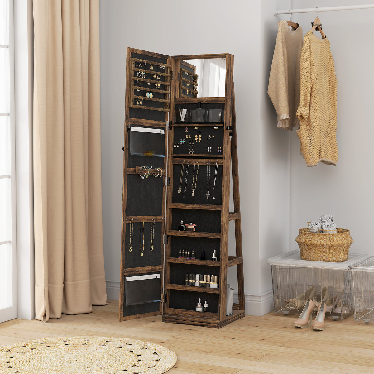 Lockable Swivel Jewelry Armoire with Mirror - Multi-Storage Jewelry Cabinet - Rustic Brown
