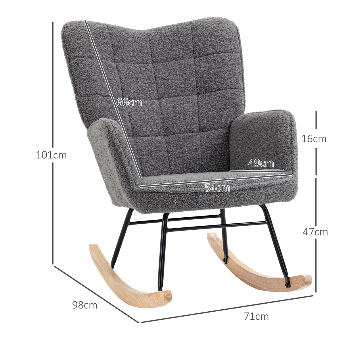 Fauteuil à bascule rocking chair revêtement effet laine bouclée, structure en acier 71 x 98 x 101 cm Gris foncé