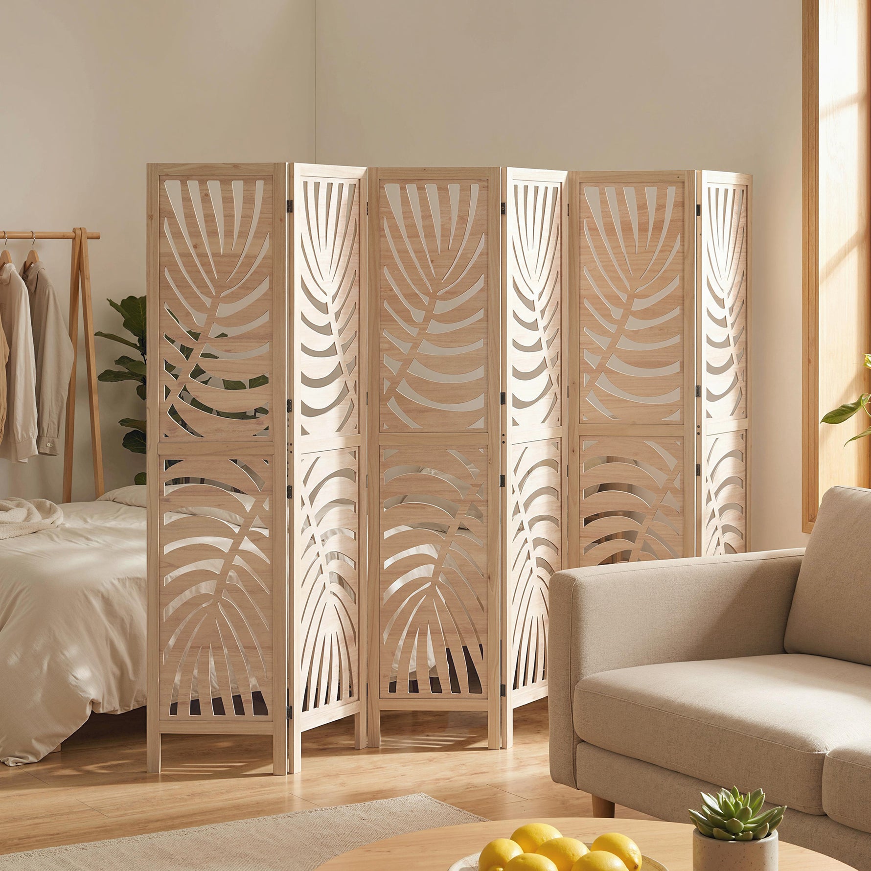 Paravent interieur en bois 6 panneaux 240 x 170 cm, pliable et portable, motif de feuille, design amovible, bois naturel