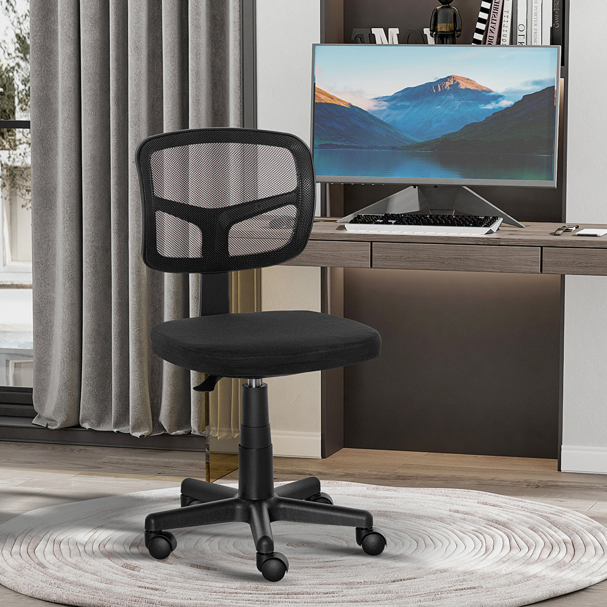 Chaise de bureau sans accoudoirs, fauteuil de bureau en maille, hauteur réglable, assise rembourré, pivotant 360°, noir