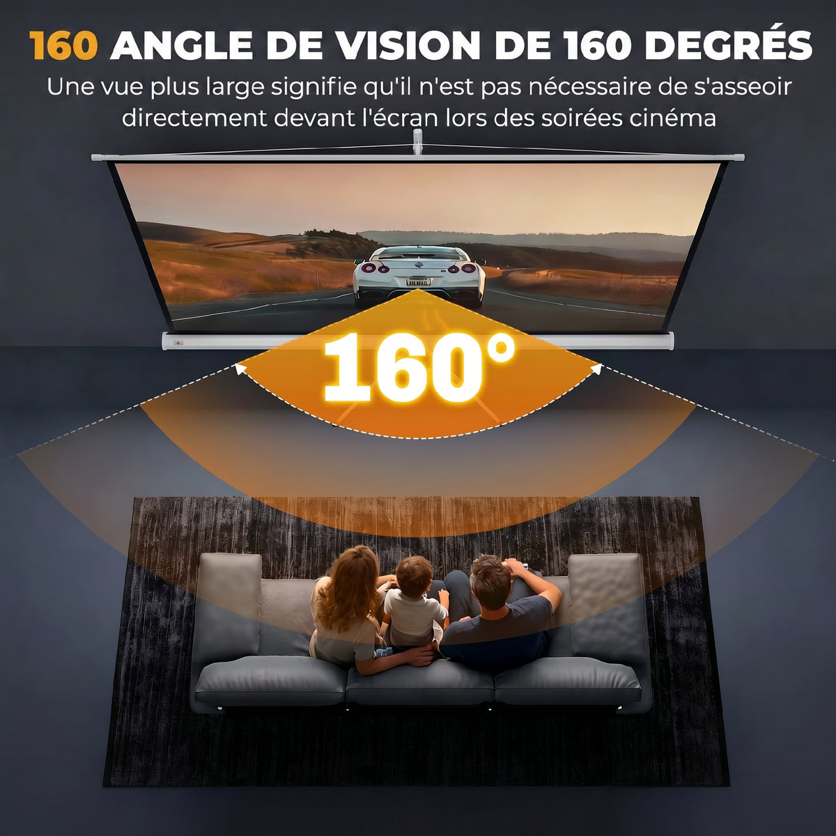 Écran de projection 100 pouces avec support trépied hauteur réglable, écran 4K HD 16:9