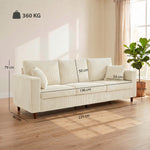 Canapé 3 Places en Velours Côtelé, Canapé de Salon Moderne 225 cm, Assise Large, Coussin à Ressorts, Crème