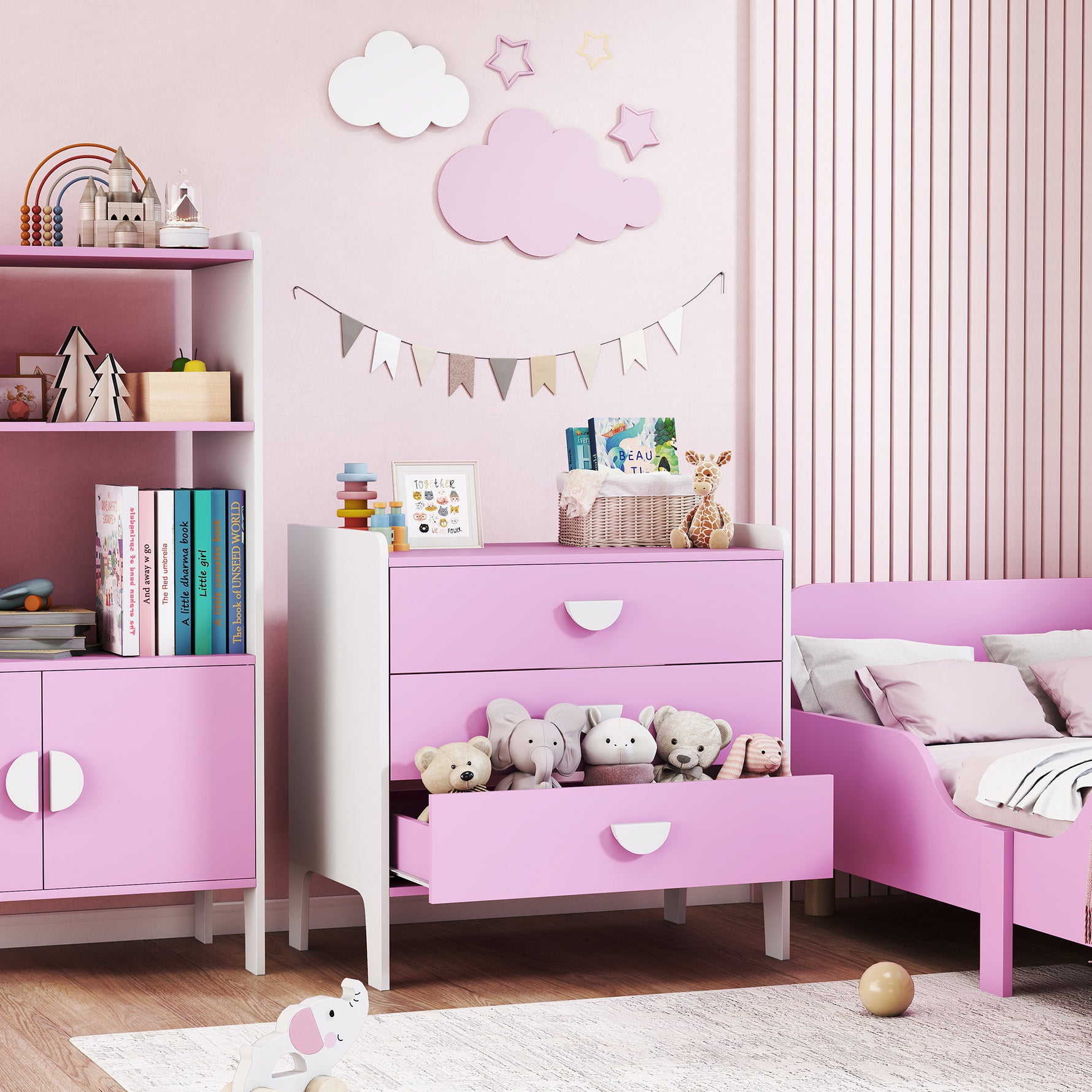 Commode pour enfants, commode rangement 3 tiroirs pour chambre d'enfant, crèche, salle de jeux, 60 x 40 x 60 cm, rose