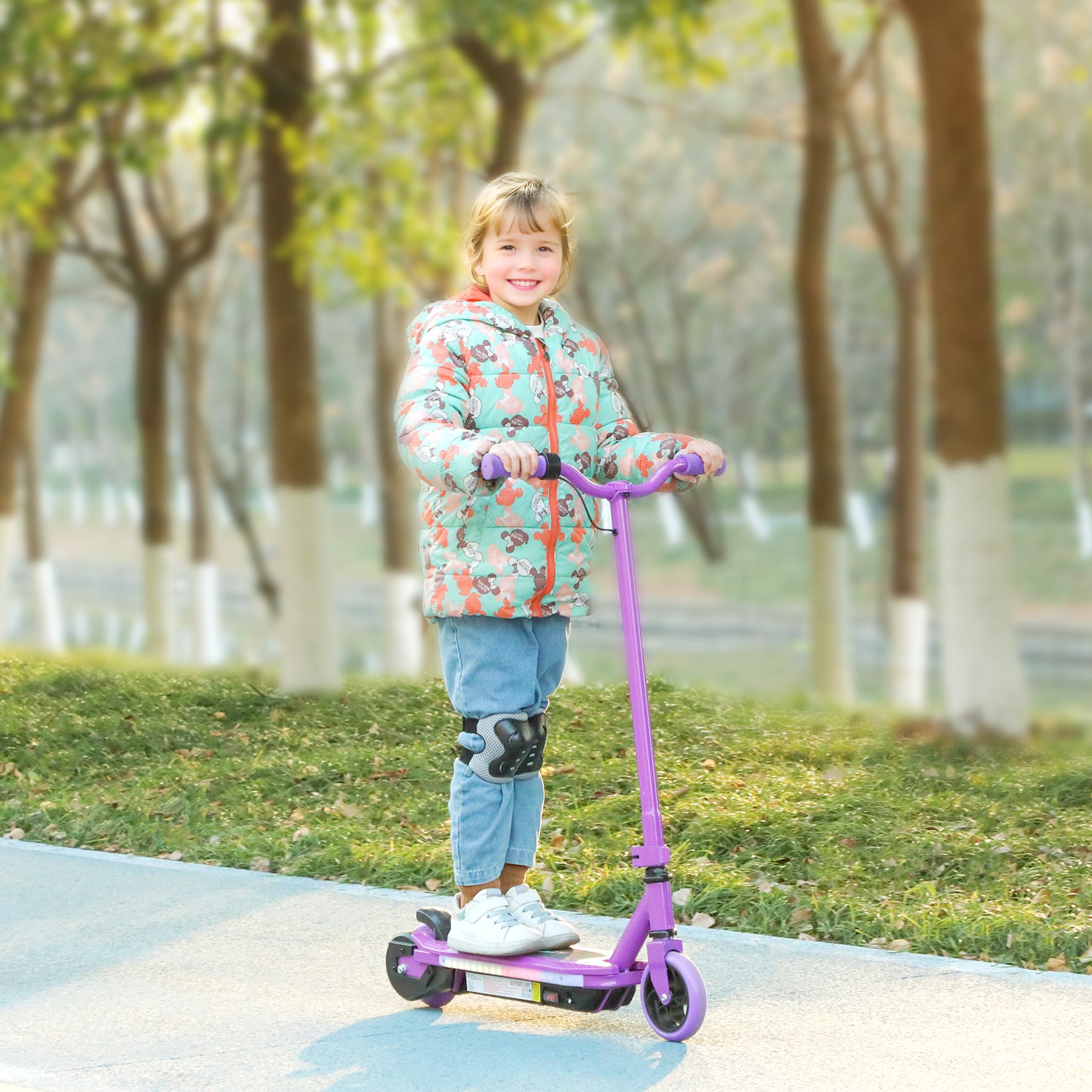 Trottinette électrique pour enfants 6-14 ans, vitesse maximale 10 km/h, lumières LED colorées, frein électrique, violet