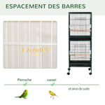 Grote dubbele vogelkooi op standaard met voerbakken, zitstokken, uitneembare lade en wieltjes - Afm. 51,5L x 50B x 140H cm