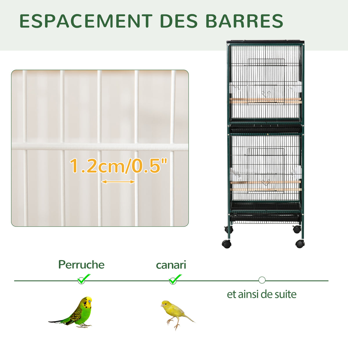Grote dubbele vogelkooi op standaard met voerbakken, zitstokken, uitneembare lade en wieltjes - Afm. 51,5L x 50B x 140H cm