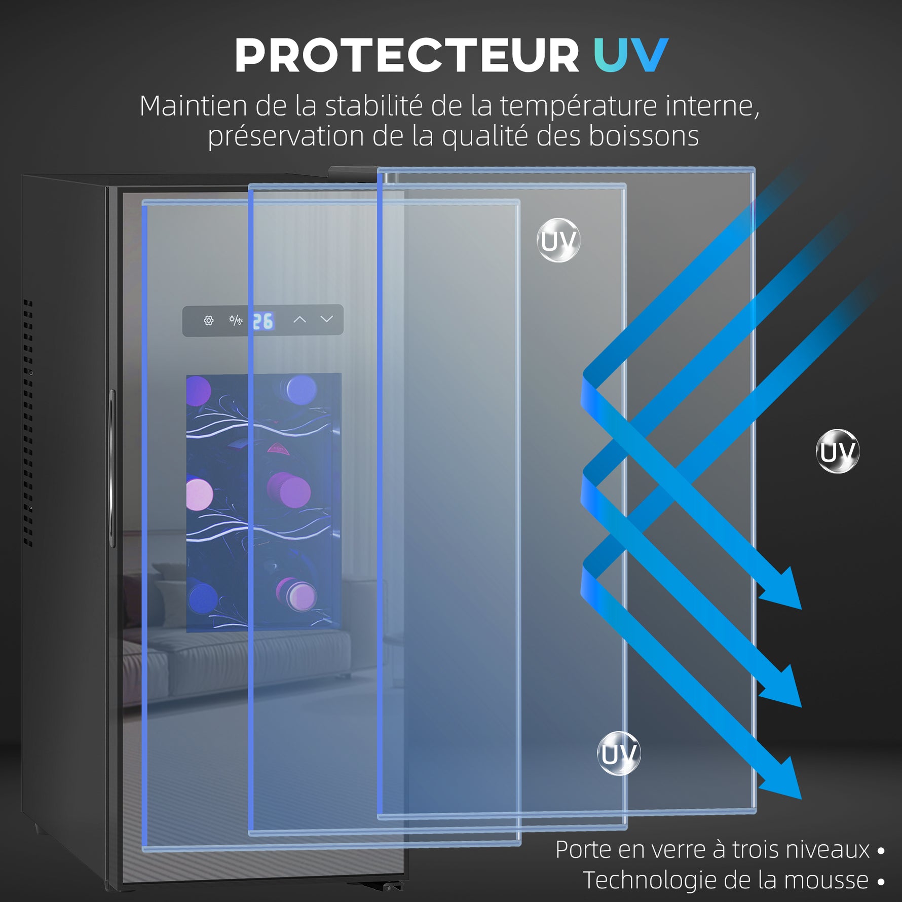 Cave à vin 12 bouteille 30L thermoélectrique double et silencieux avec porte en verre, LED, écran numérique, noir