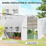 Serre de jardin tunnel serre tunnel 6 m² avec 6 fenêtres porte enroulable toile PE structure en acier galvanisé blanc
