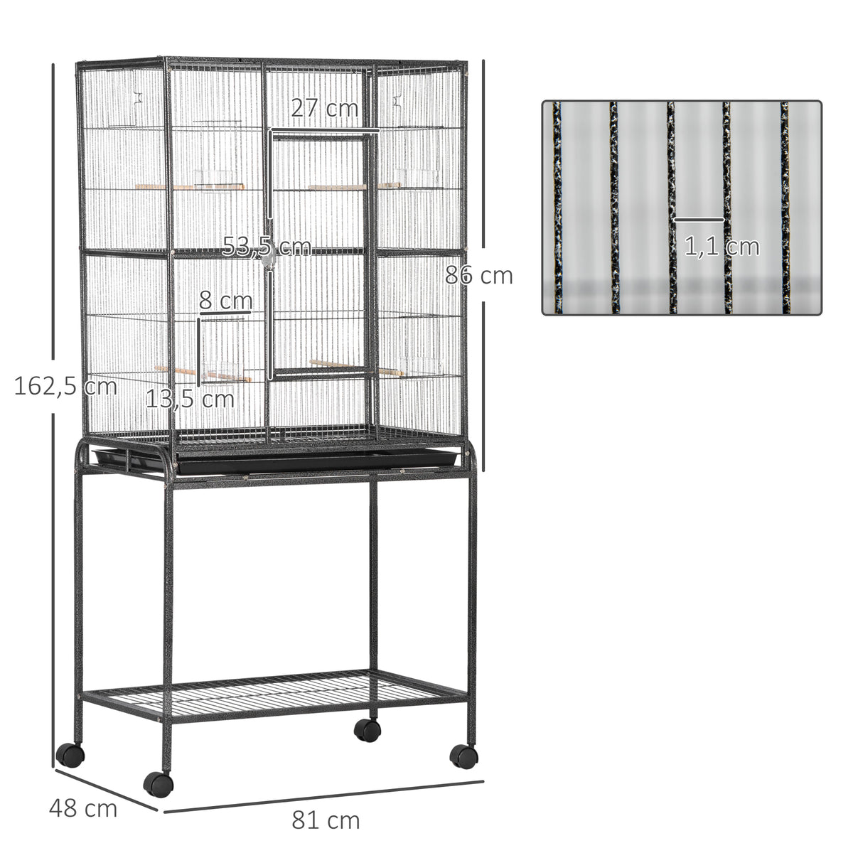 Gabbia per uccelli portatile con 4 mangiatoie e 4 posatoi, pratica, 81 x 48 x 162,5 cm, nero e grigio