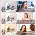 Miroir Hollywood avec LED 12 ampoules, luminosité réglable, rotation à 360°, grossissement 10X, touche tactile, blanc