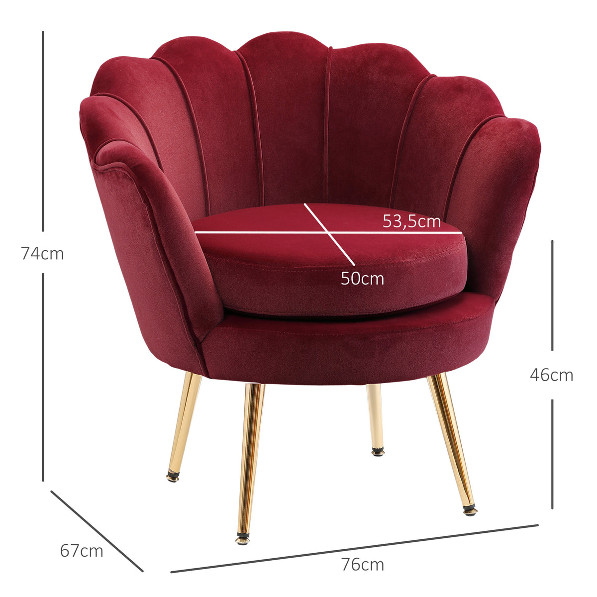 Fauteuil salon fauteuil en velours fauteuil coquillage avec pieds en métal doré pour chambre à coucher, rouge