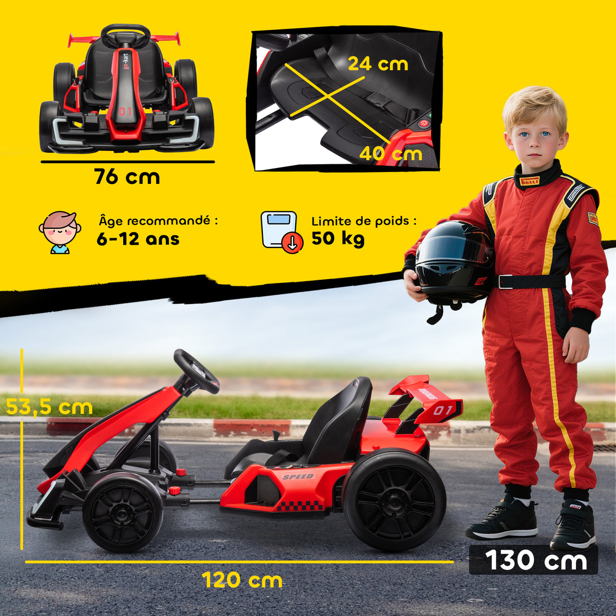 Kart électrique pour enfants moteur 2 x 150W batterie 24 V 120 x 76 x 53,5 cm rouge