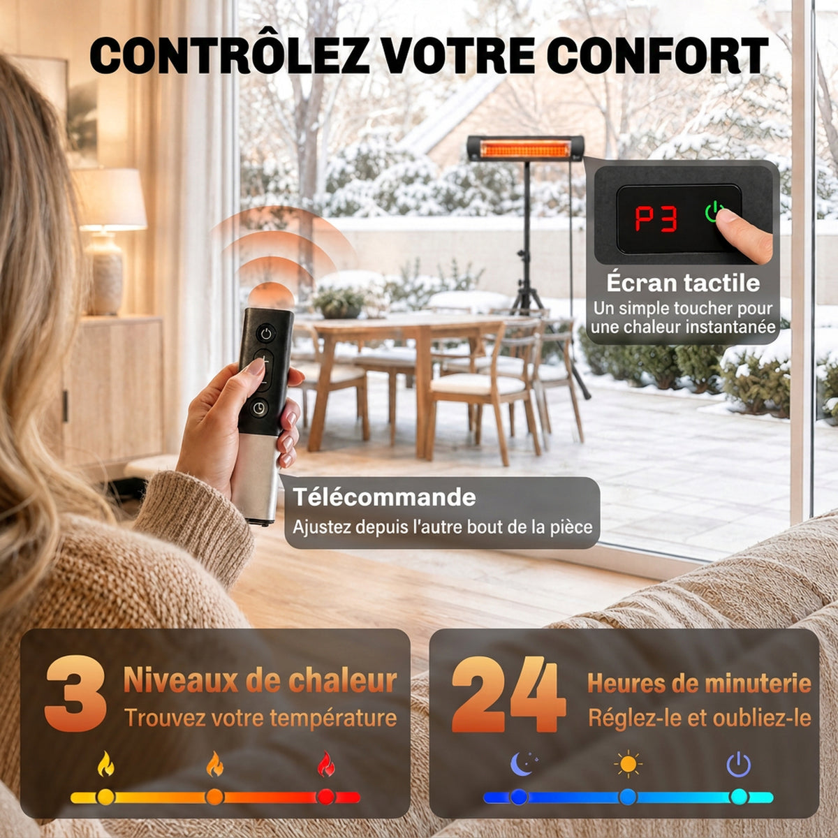 Radiateur Infrarouge sur Pied 2500 W IP65, Télécommande, Minuterie, 3 Niveaux, Hauteur Réglable, 87x81x180cm, Noir