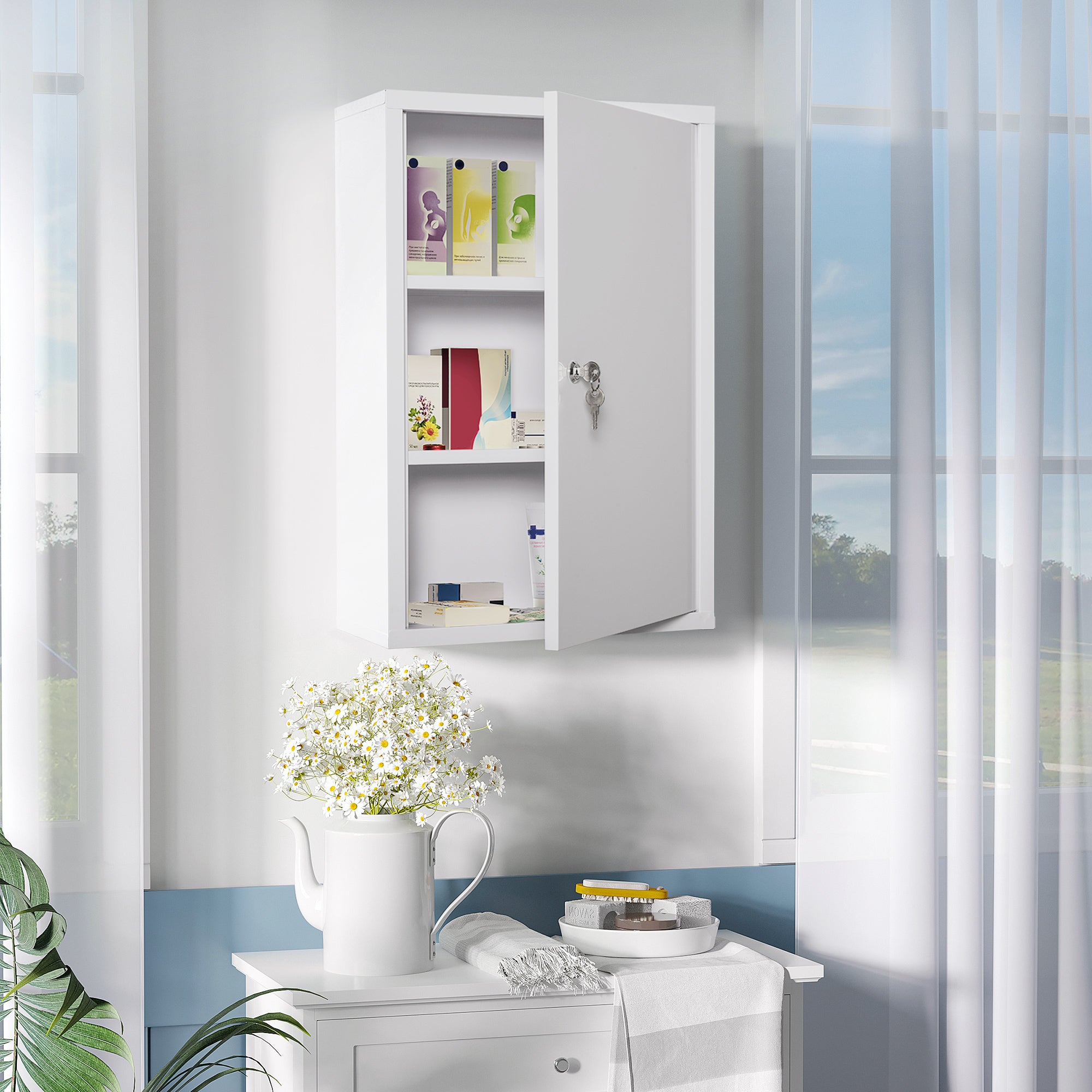 Armoire à Pharmacie 2 étagères 3 Niveaux verrouillable dim. 40L x 18l x 60H cm 2 clés métal Blanc