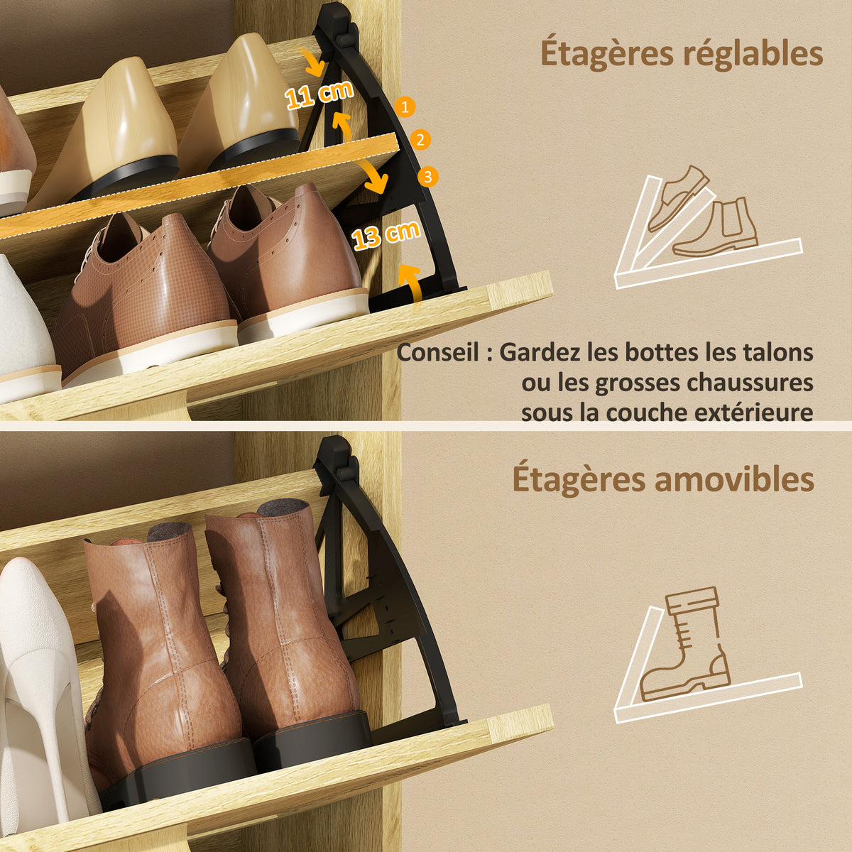 Meuble à chaussures 18 paires, armoire à chaussures étroite avec 3 tiroirs rabattables, étagères réglables, chêne