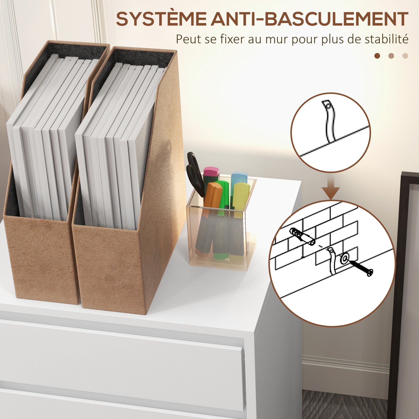 Caisson de bureau rangement bureau sur roulettes 4 tiroirs coulissants en bois aspect bois blanc