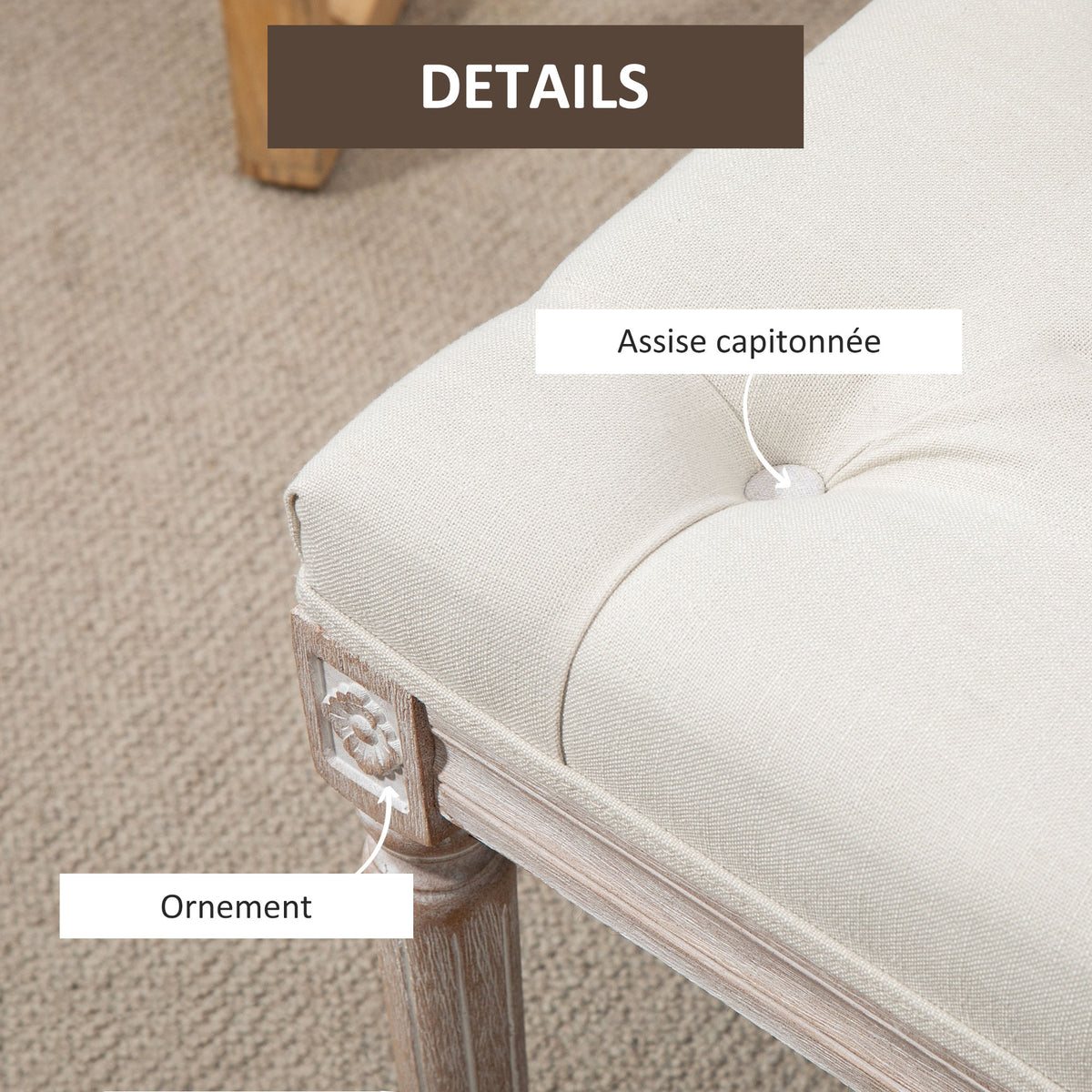 Banc Banquette classique capitonné 80cm bout de lit Rembourrée en lin - bois d'hévéa sculpté, patiné - Crème