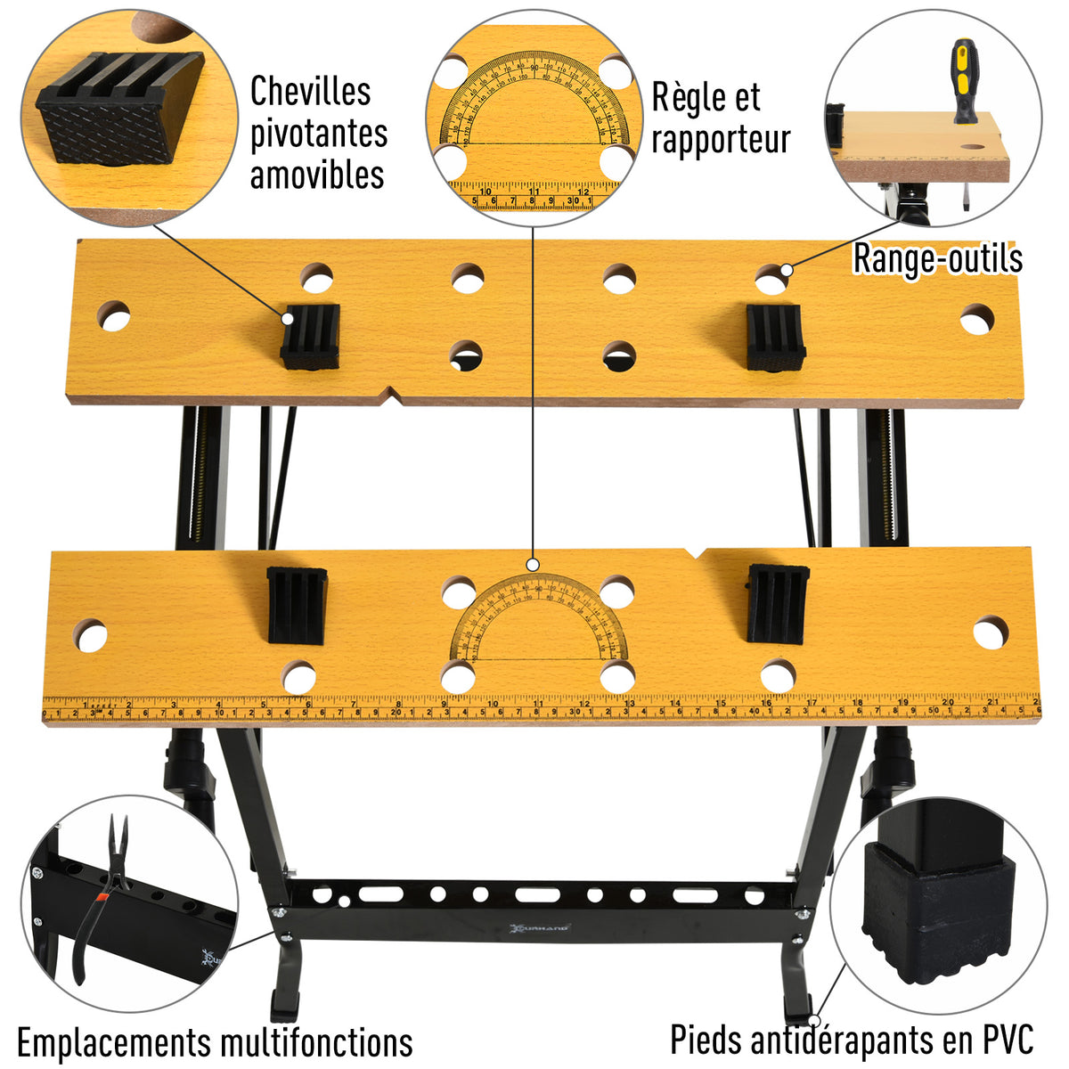 Établi pliant établi de serrage avec 4 serre-joints table de travail, charge 100 kg, 62,5x60,5x78,5cm, noir
