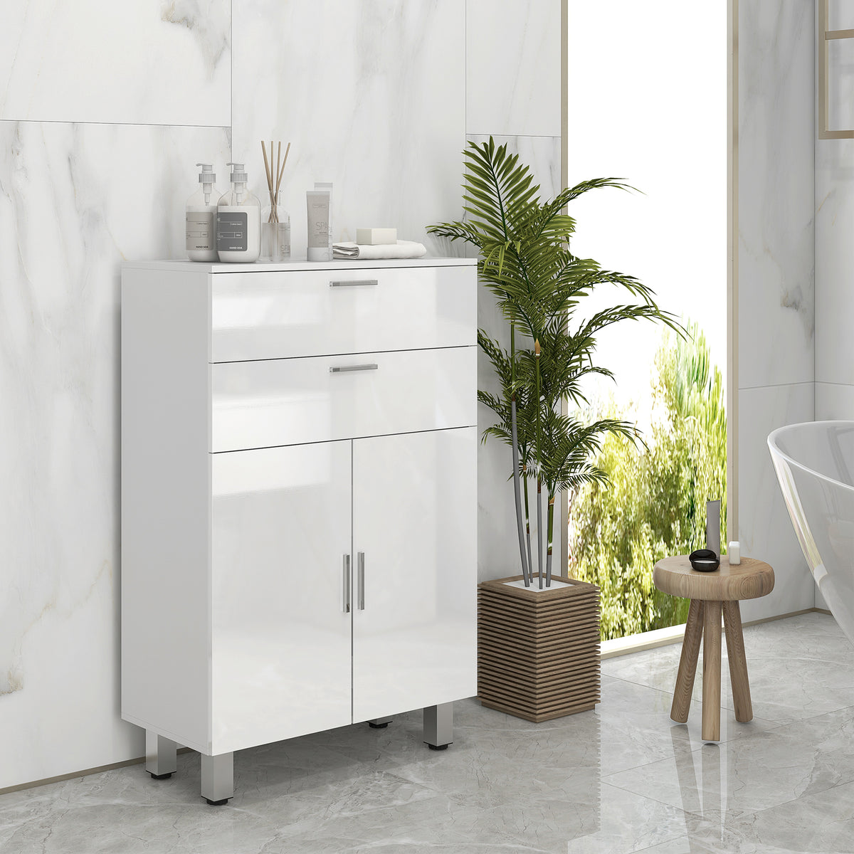 Mobile bagno con 2 cassetti, armadietto a doppia anta e ripiani regolabili 60 x 30 x 93 cm bianco lucido