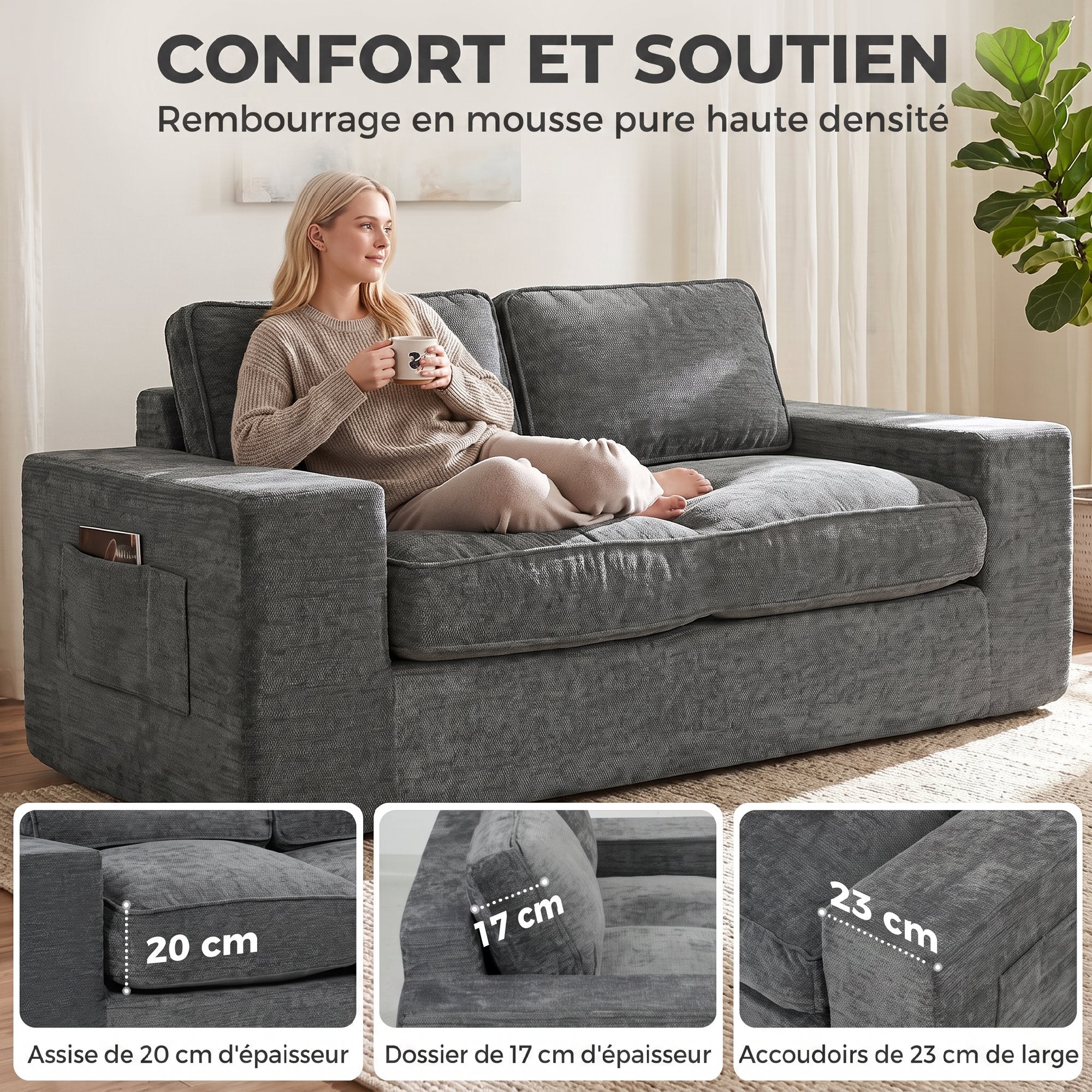 Canapé 2 Places en Chenille, Canapé de Salon 156 cm, Assise et Accoudoirs Larges Rembourrées, 2 Oreillers, Gris