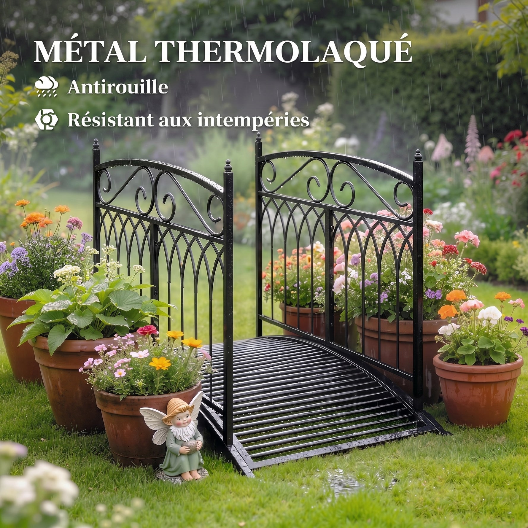 Pont de Jardin en Métal Style Baroque Passerelle Décorative avec Garde-Corps 91cm et Charge 100kg Noir