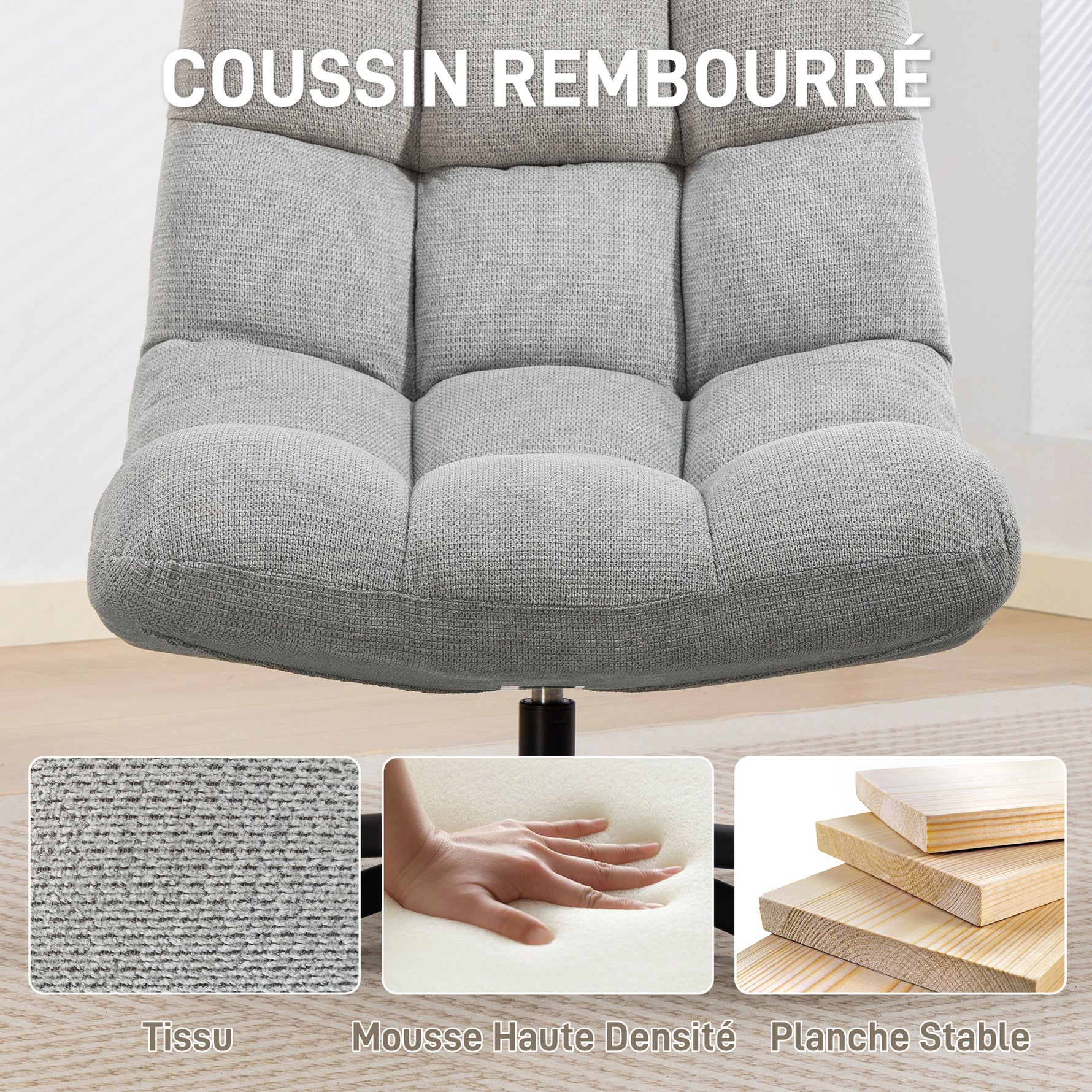 Fauteuil salon sans accoudoirs, chaise pivotante en tissu chenille, assise large, 75 x 95 x 90 cm gris clair