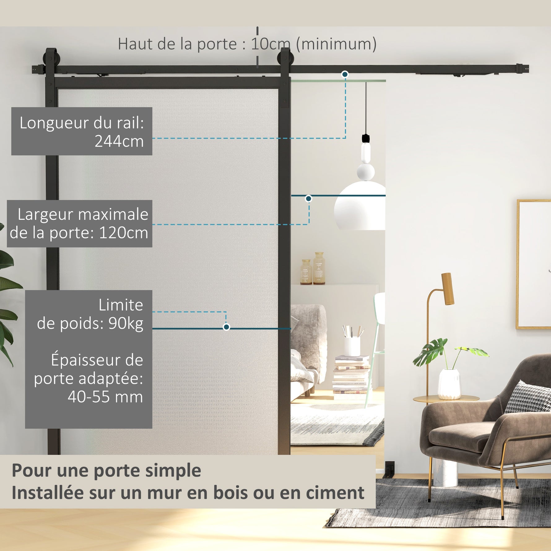 244 CM quincaillerie de porte coulissante sans perçage kit de rail pour porte de grange simple en acier noir