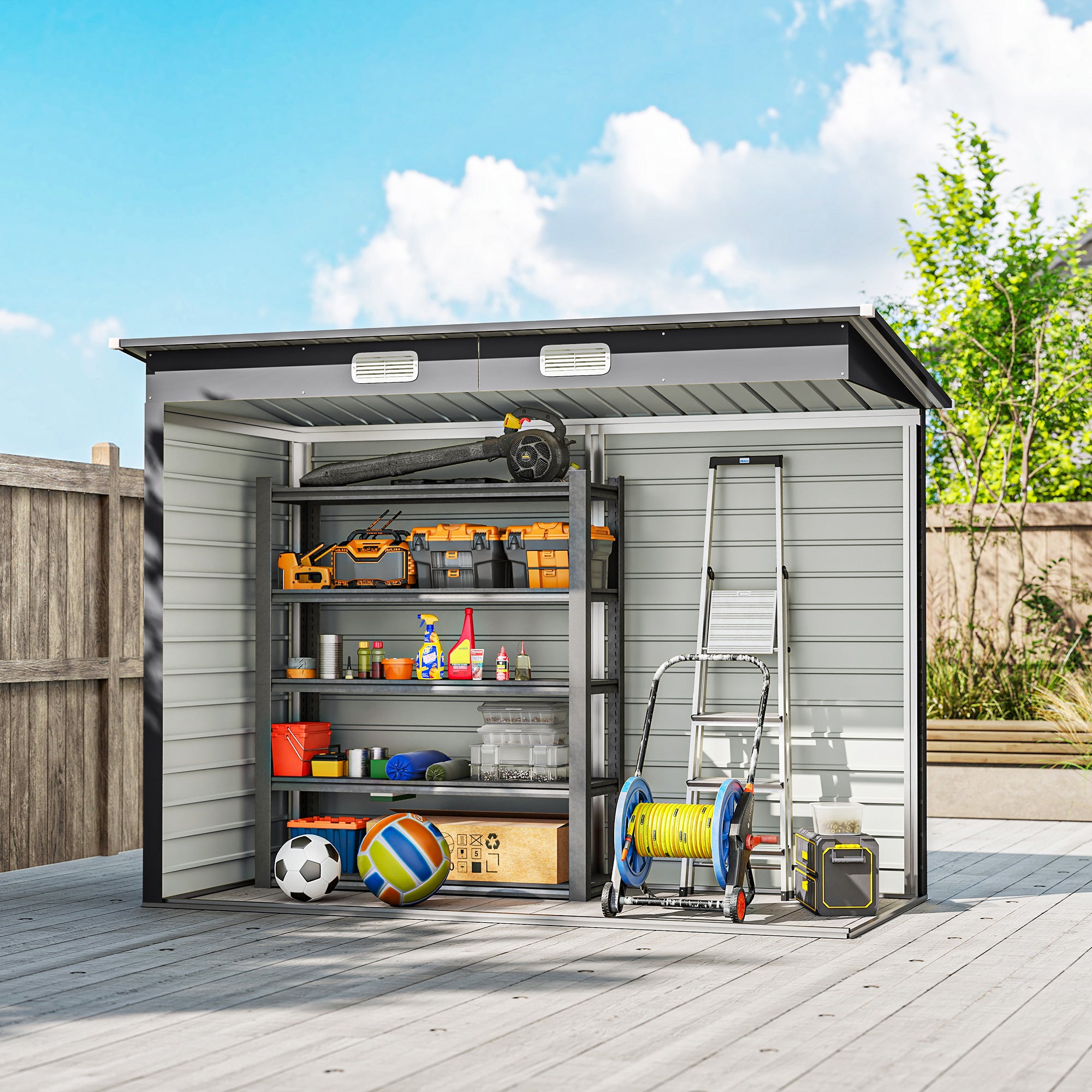 Abri de Jardin 2,7 m², Dim. 249 x 121 x 183 cm gants inclus portes doubles verrouillables ventilations tôle acier gris