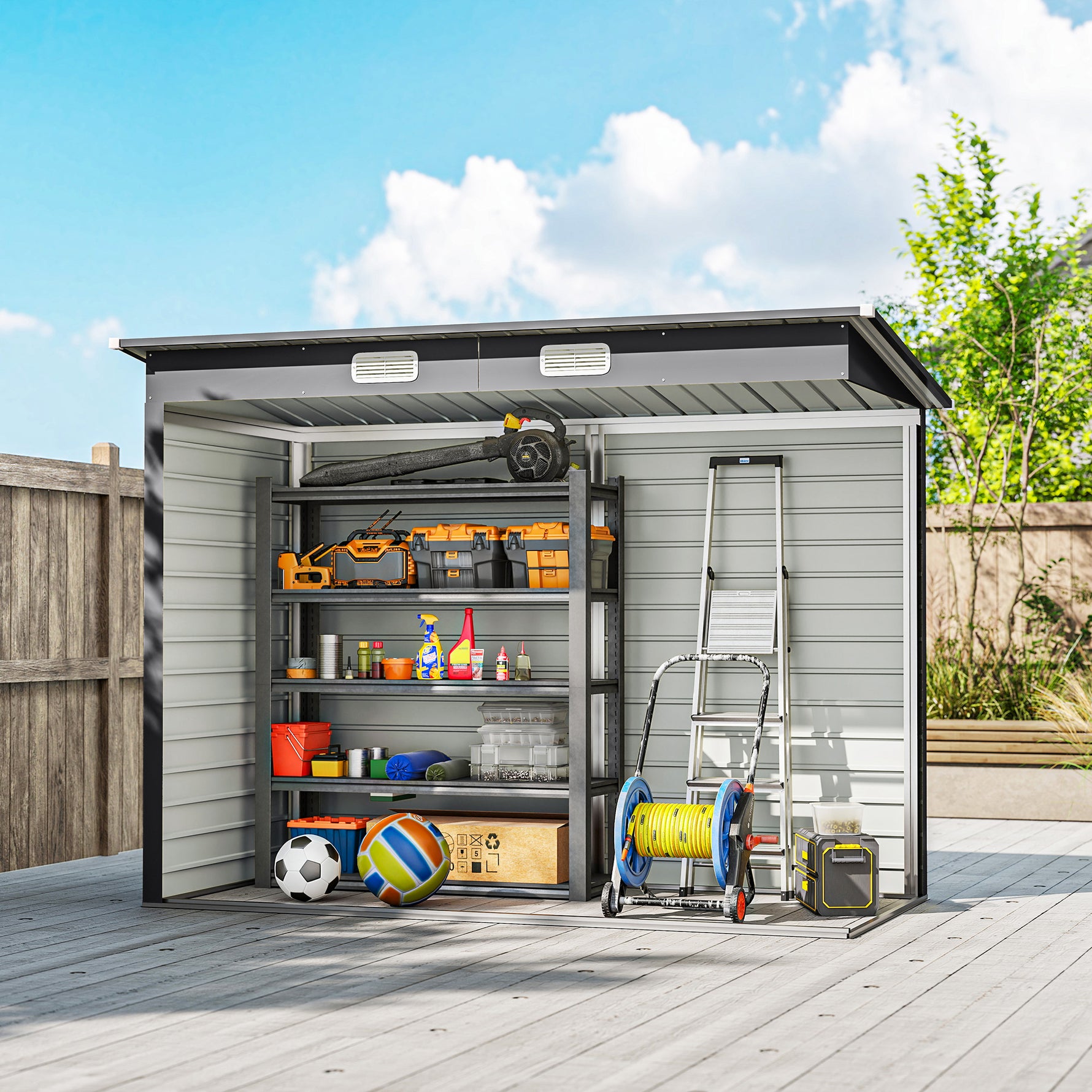 Abri de Jardin 2,7 m², Dim. 249 x 121 x 183 cm gants inclus portes doubles verrouillables ventilations tôle acier gris