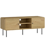 Meuble TV, meuble télé jusqu'à 55 pouces avec 2 portes, 2 compartiments ouverts, pieds en acier, 120x40x50cm, chêne