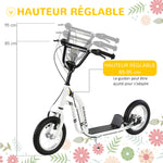 Trottinette enfants, grandes roues pneumatiques 12 pouce en caoutchouc, charge 100 kg, trottinette tout terrain avec double freins, hauteur réglable et béquille latérale, 5 à 12 ans, blanc