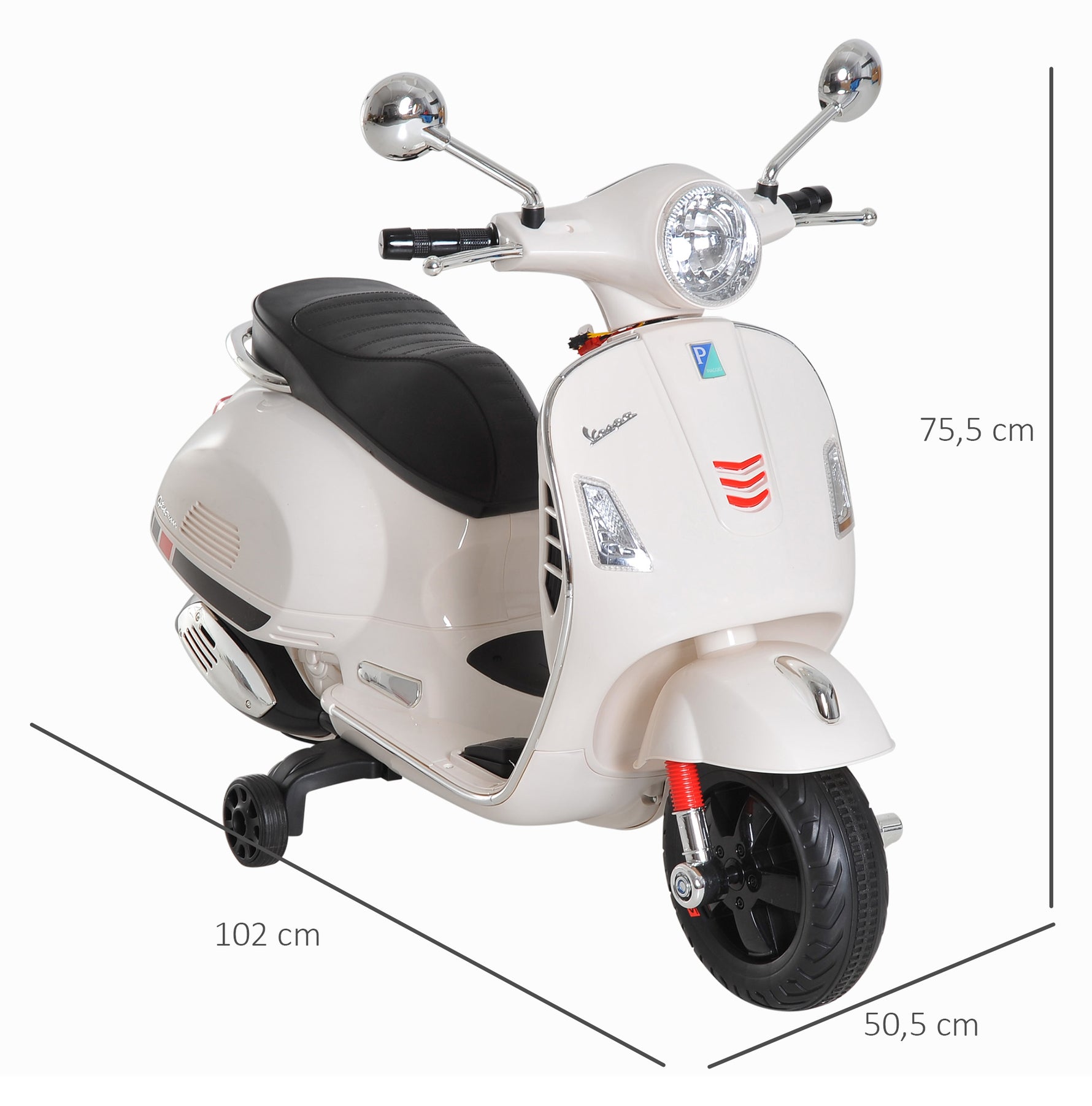 Vespa Scooter Moto électrique Enfants 6 V dim. 102L x 51l x 76H cm Musique MP3 Port USB klaxon Phare feu AR Blanc