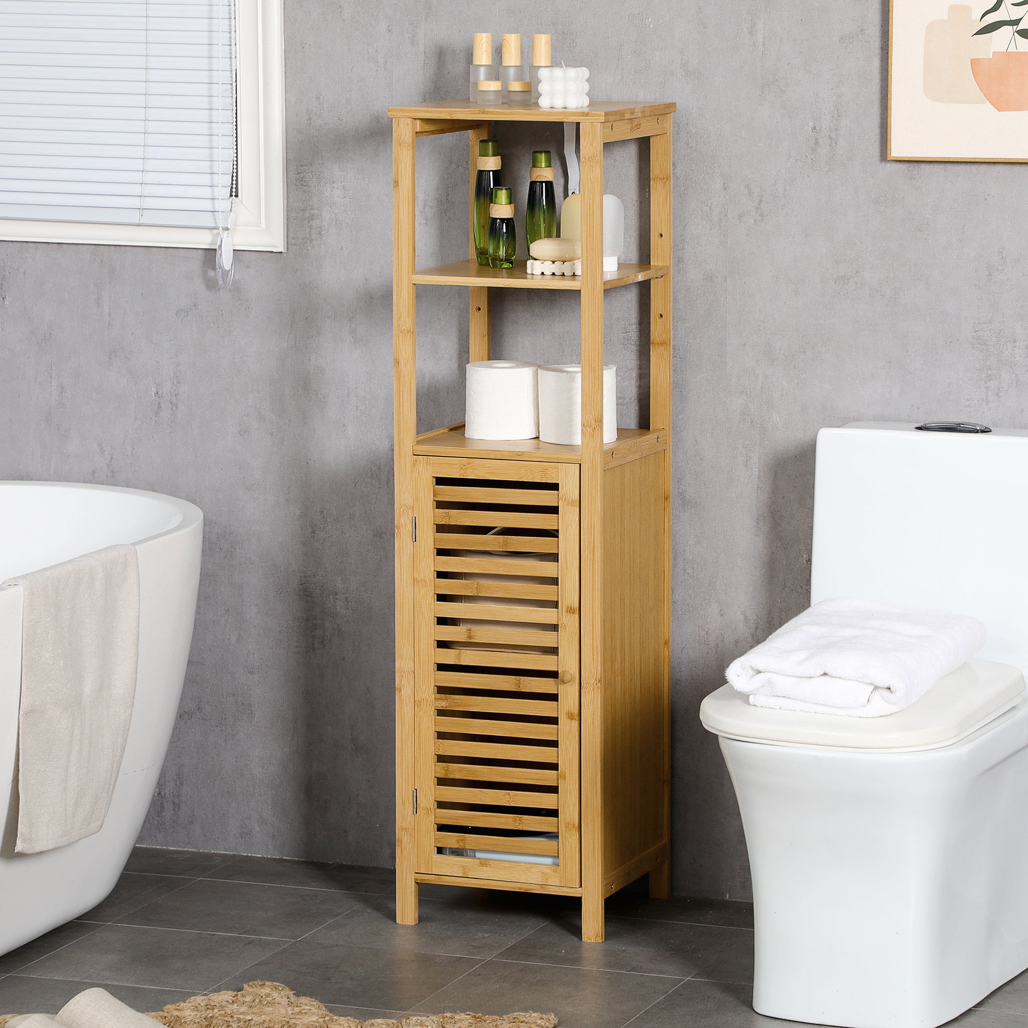 Meuble colonne salle de bain en bambou 2 étagères ouvertes et placard, 32,9 x 29,9 x 120 cm, bois naturel