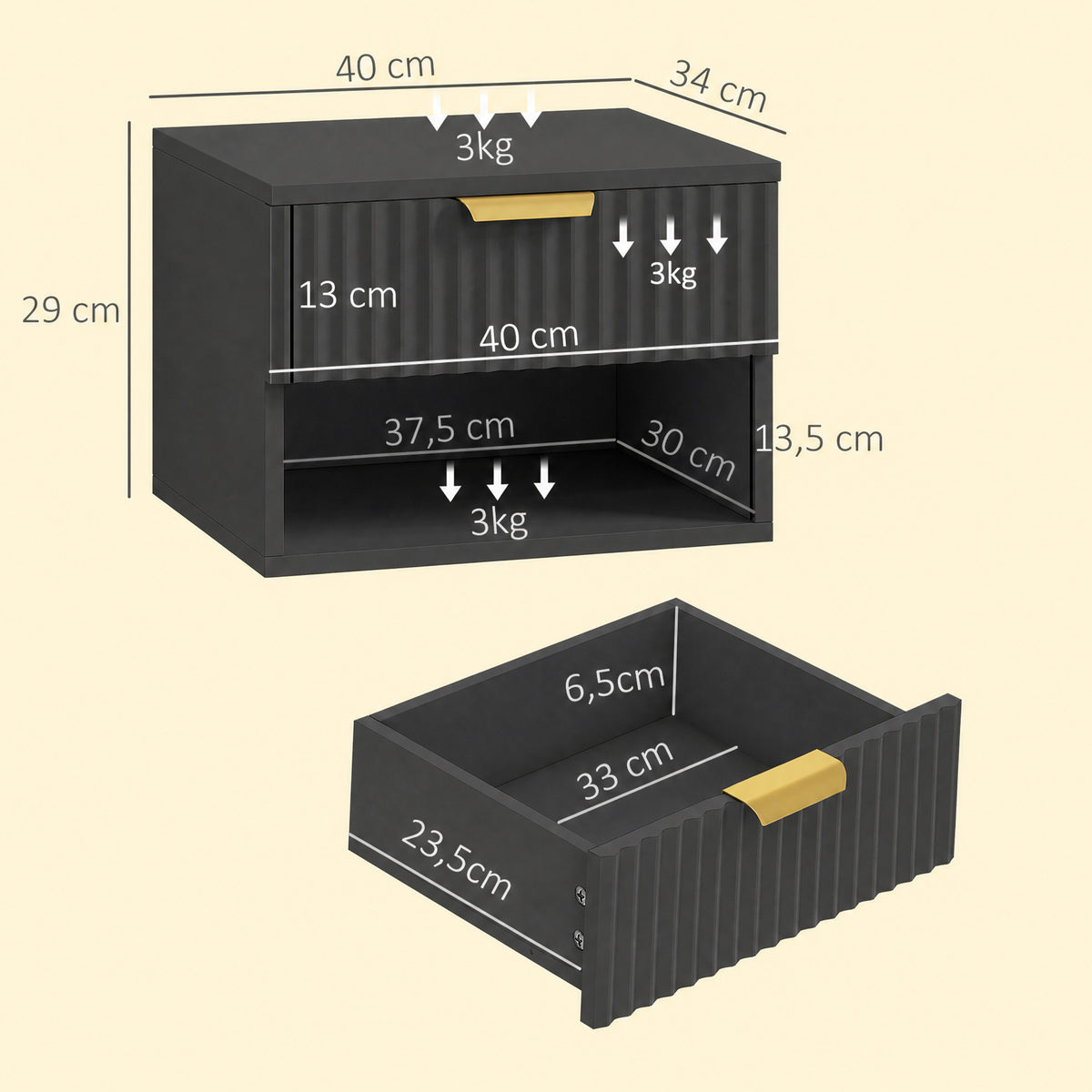 Lot de 2 tables de chevet suspendues, tables de nuit murales avec tiroir et niche, moderne, 40x34x29cm, noir