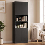Buffet Haut Cuisine, Armoire de Cuisine, 4 Portes à Fermeture Douce, 2 Compartiments Ouverts et Étagères Réglables, Noir