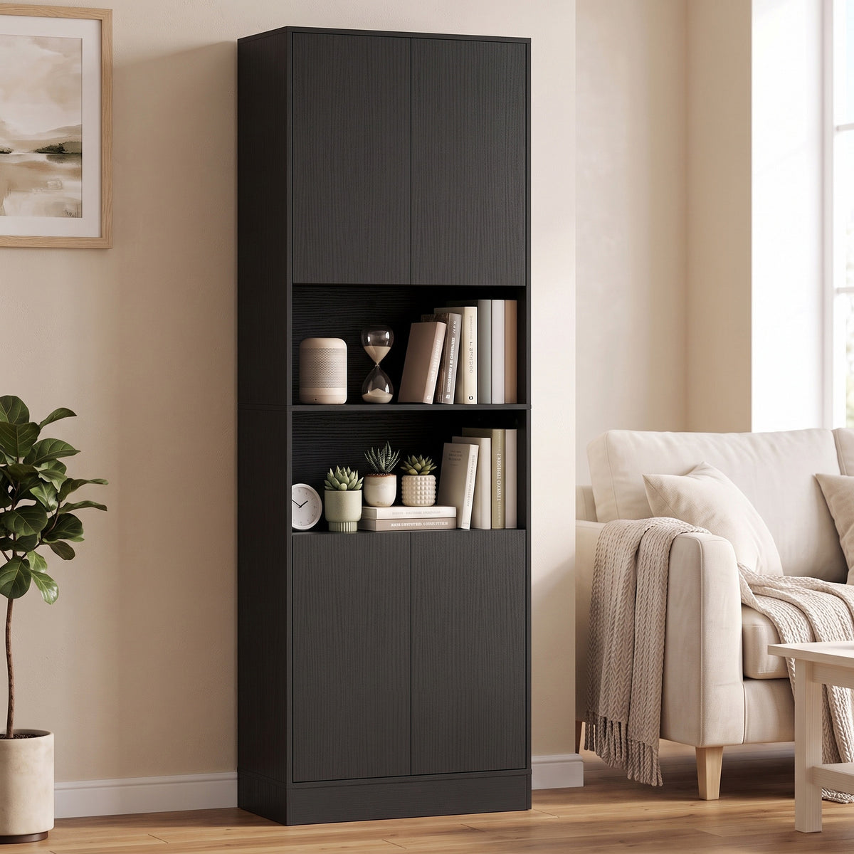 Buffet Haut Cuisine, Armoire de Cuisine, 4 Portes à Fermeture Douce, 2 Compartiments Ouverts et Étagères Réglables, Noir
