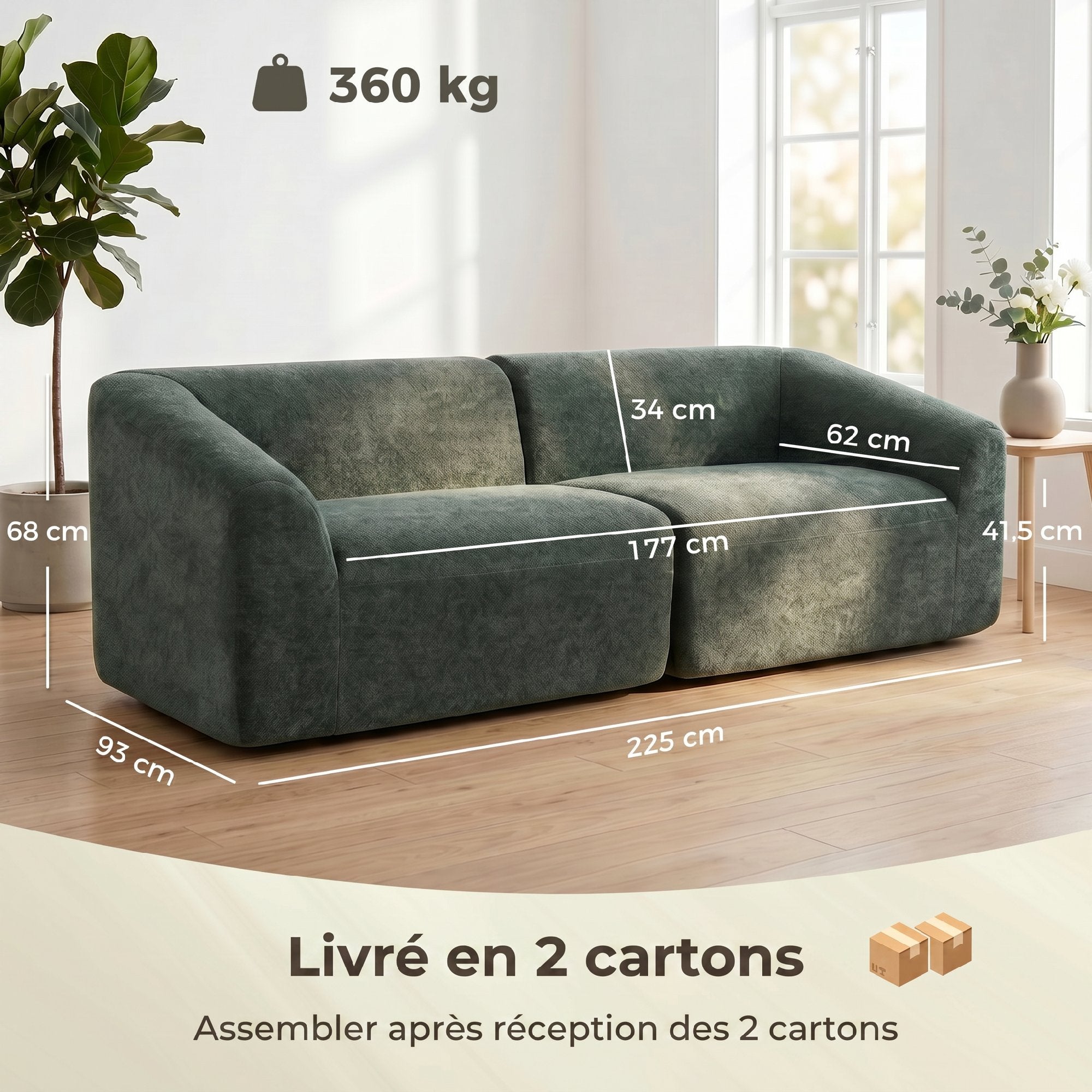 Canapé 3 places en chenille 225 cm, canapé salon rembourré moderne avec assise large, coussin à ressorts, vert foncé