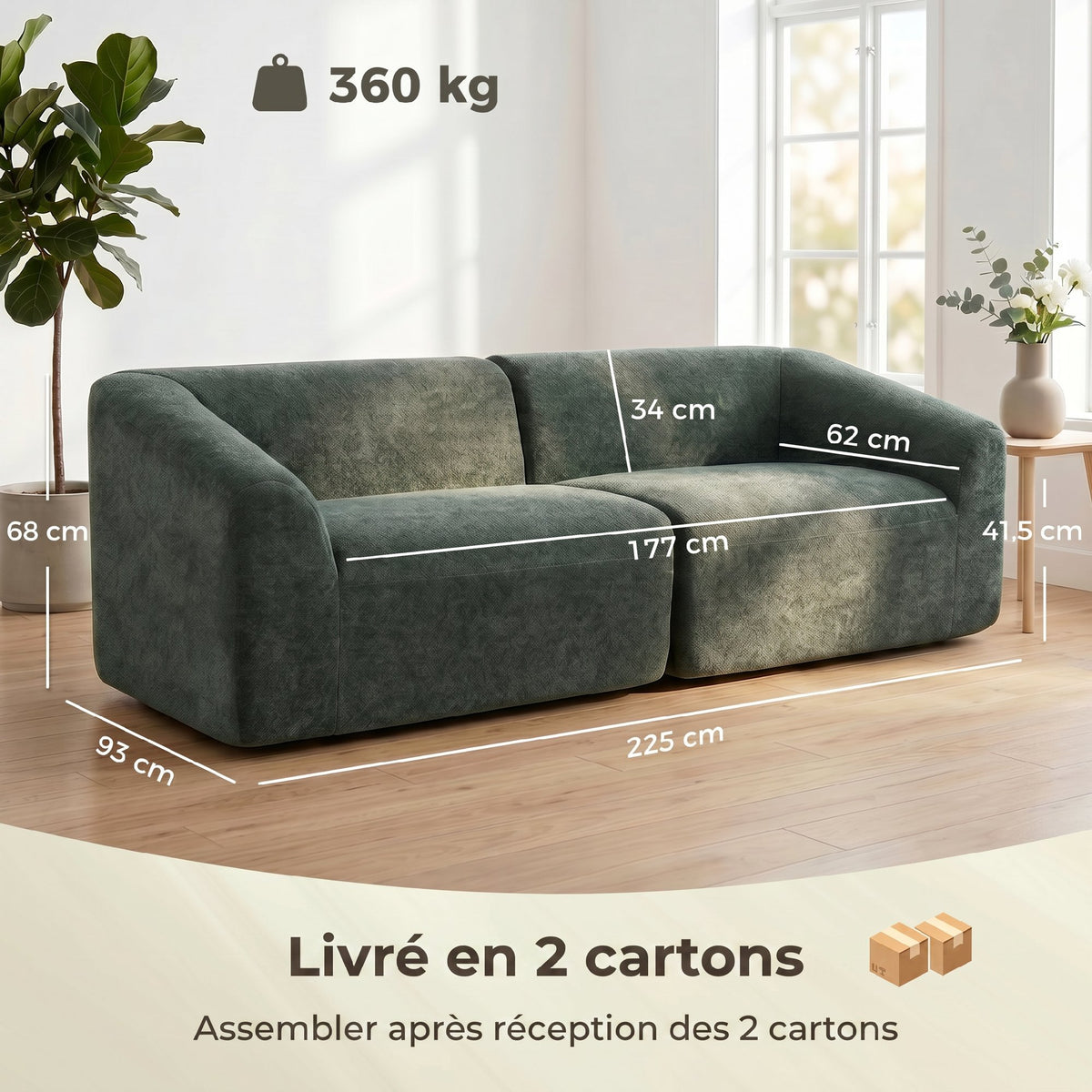 Canapé 3 places en chenille 225 cm, canapé salon rembourré moderne avec assise large, coussin à ressorts, vert foncé