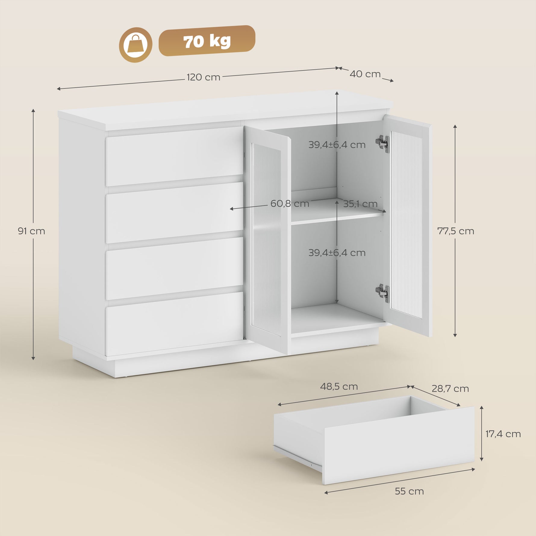 Buffet salon, meuble de rangement avec 4 tiroirs et 2 portes en verre trempé, étagère réglable, 120 x 40 x 91 cm, blanc