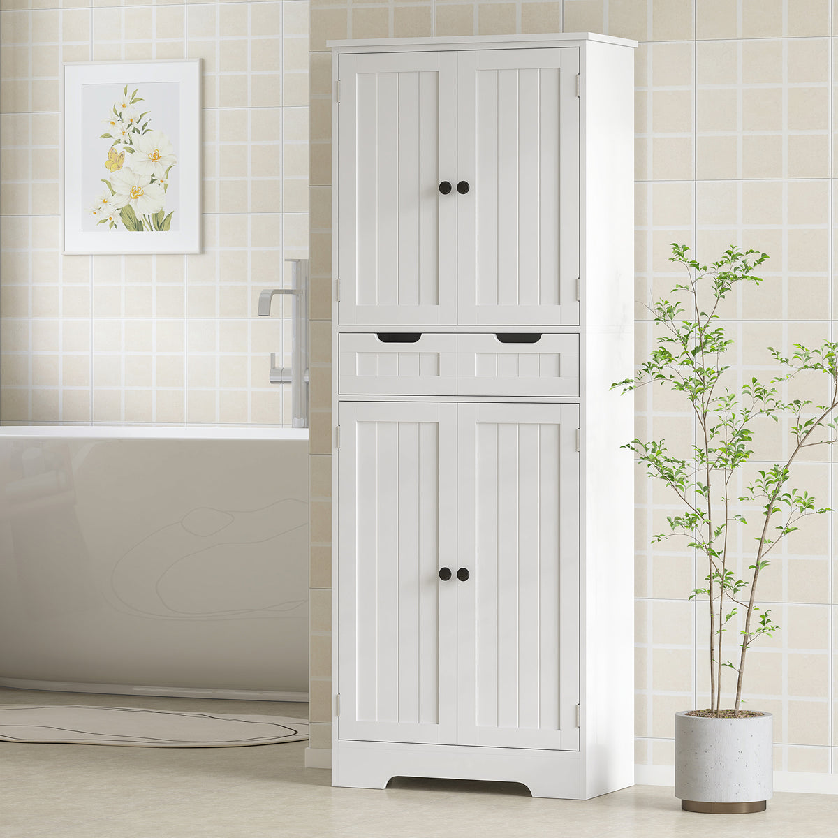 Meuble de salle de bain, meuble de rangement avec tiroir et 4 portes, style moderne, 60 x 30 x 160 cm, blanc