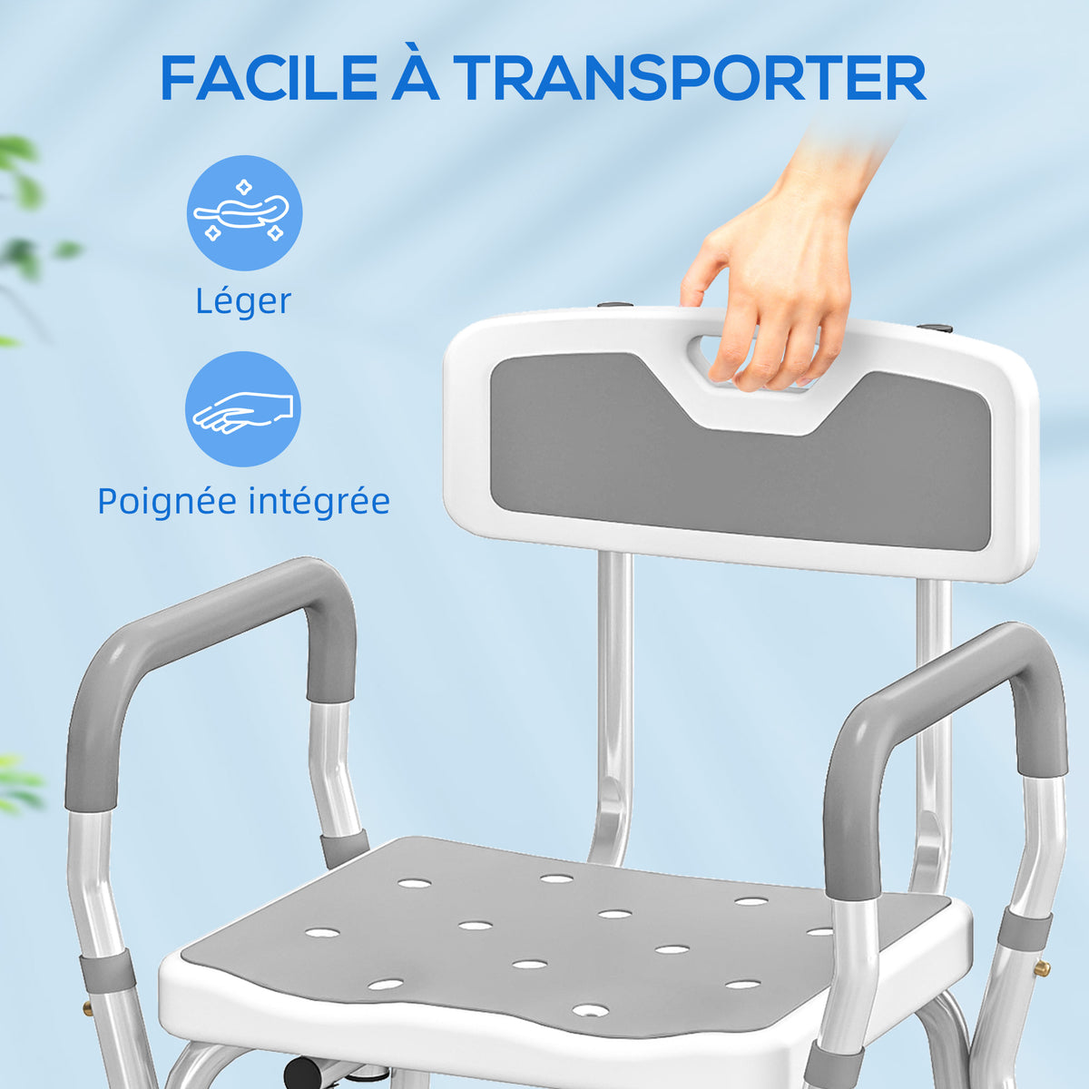 Taburete de ducha, silla de ducha ergonómica, altura regulable, patas antideslizantes, 56,5 x 53,5 x 87 cm, blanco y gris