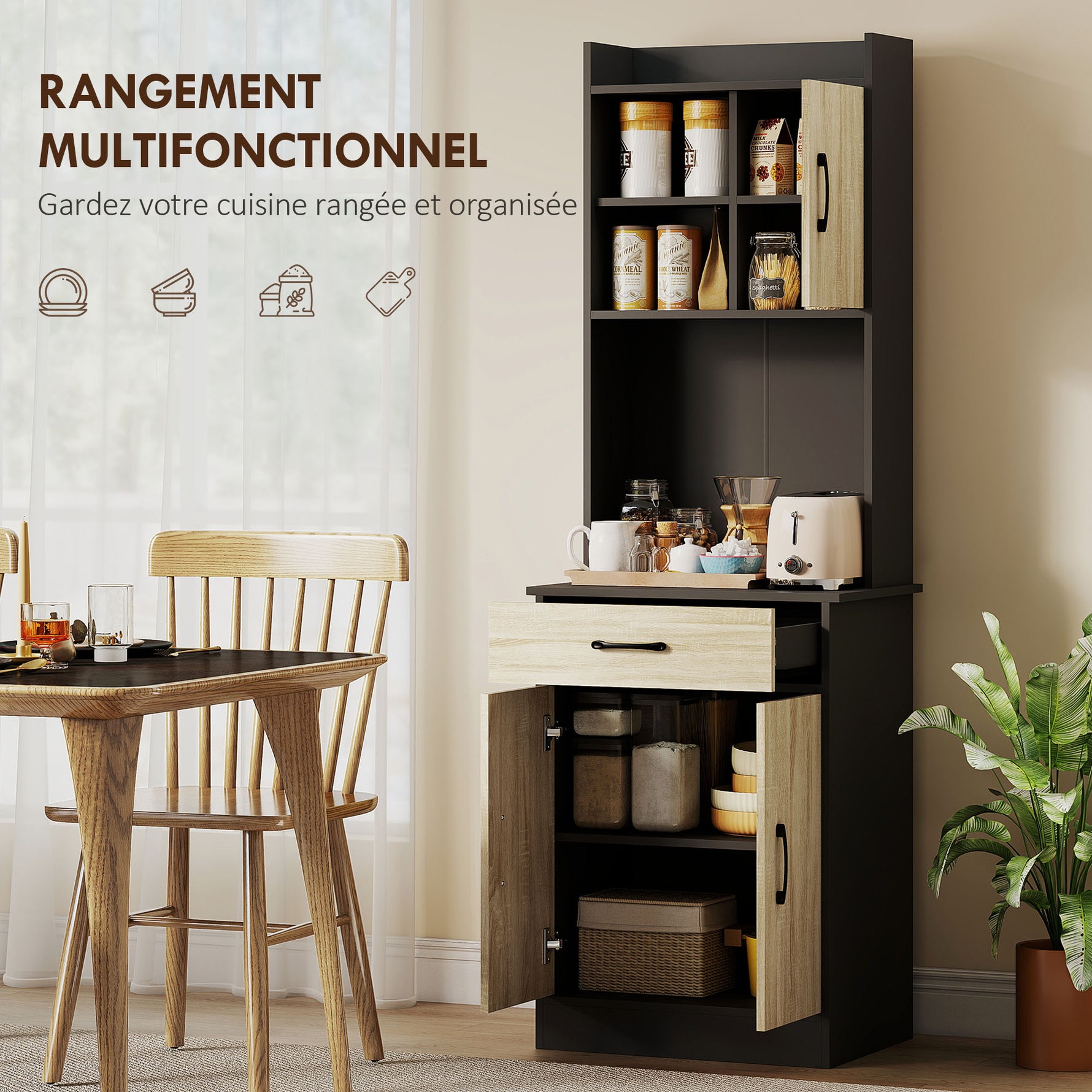 Buffet haut cuisine, armoire de cuisine, tiroir, 3 portes, étagères ouvertes, plan de travail, 60x40x180cm, bois naturel