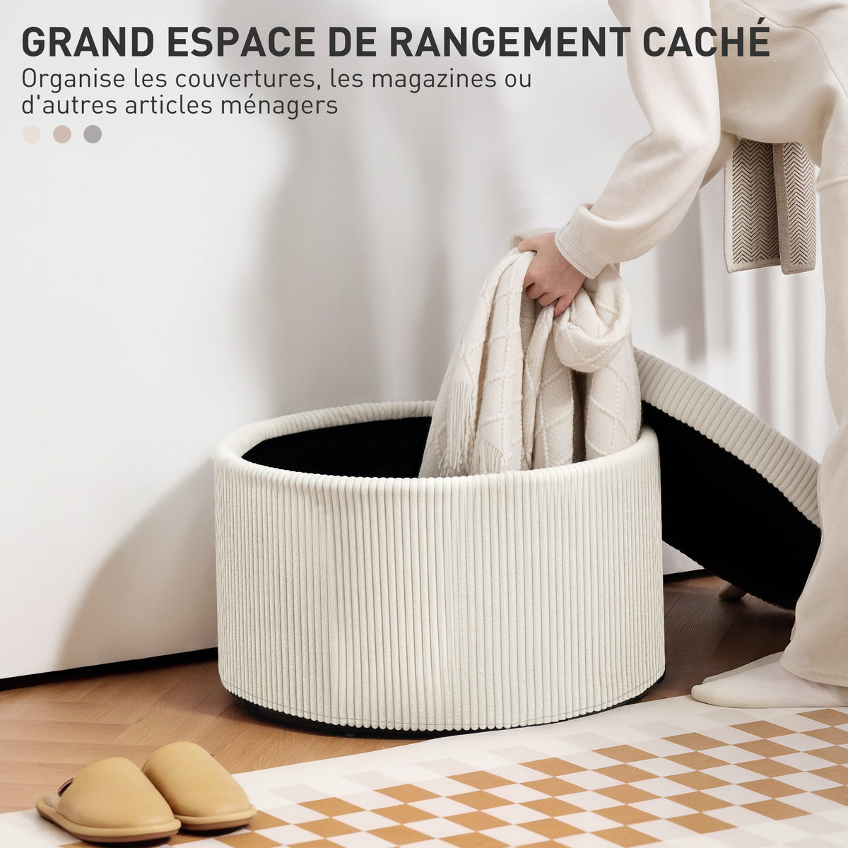 Pouf coffre rangement, tabouret rond, pouf repose-pieds en velours côtelé, charge 120 Kg, Ø 60 x 41 cm, beige