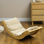 4 en 1 Arche escalade enfants, chaise à bascule, rampe d'escalade double face et coussin, 168x49,5x39,5cm, bois naturel