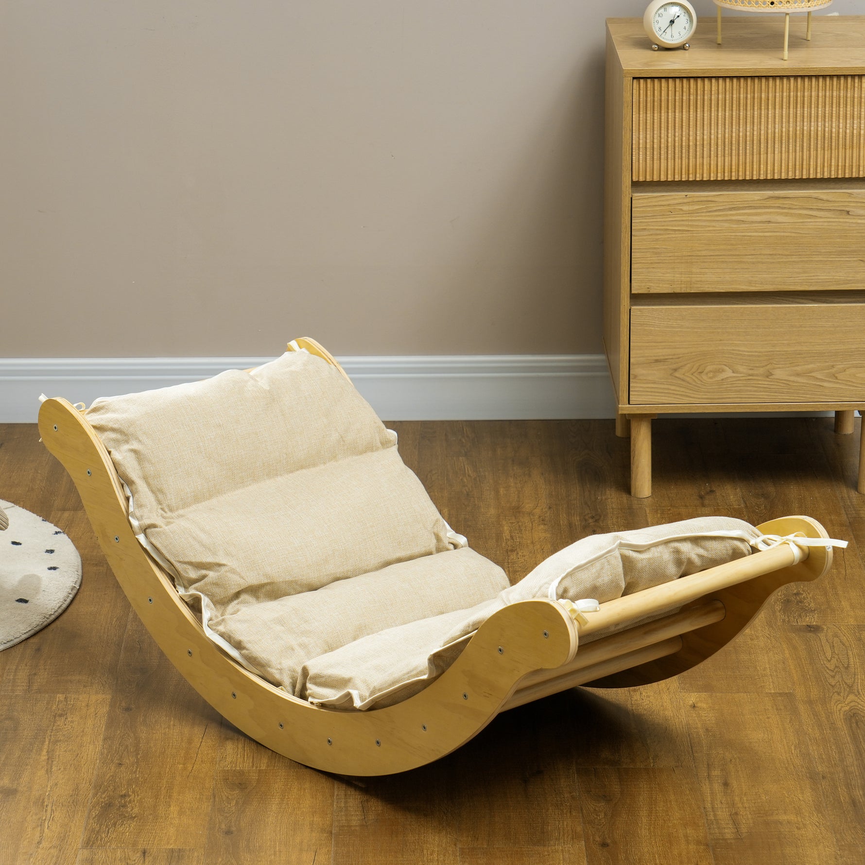 4 en 1 Arche escalade enfants, chaise à bascule, rampe d'escalade double face et coussin, 168x49,5x39,5cm, bois naturel