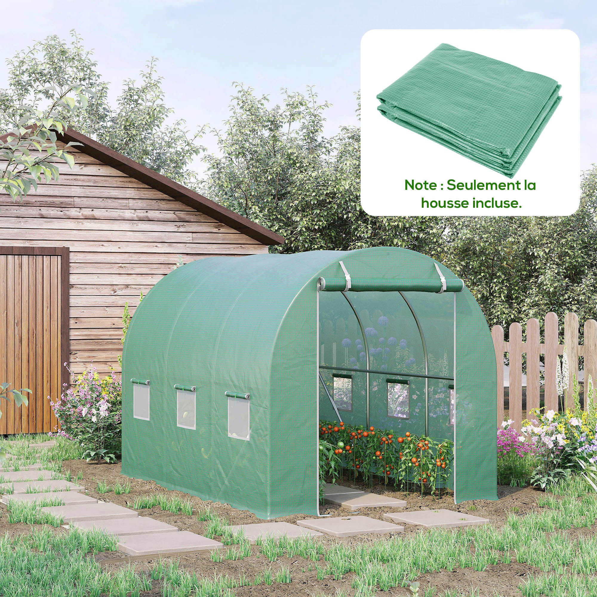 Telo di ricambio per serra a tunnel da 6 m², telo in PE 3 x 2 x 2 m anti-UV e impermeabile, 6 finestre + porta avvolgibile con cerniera, verde