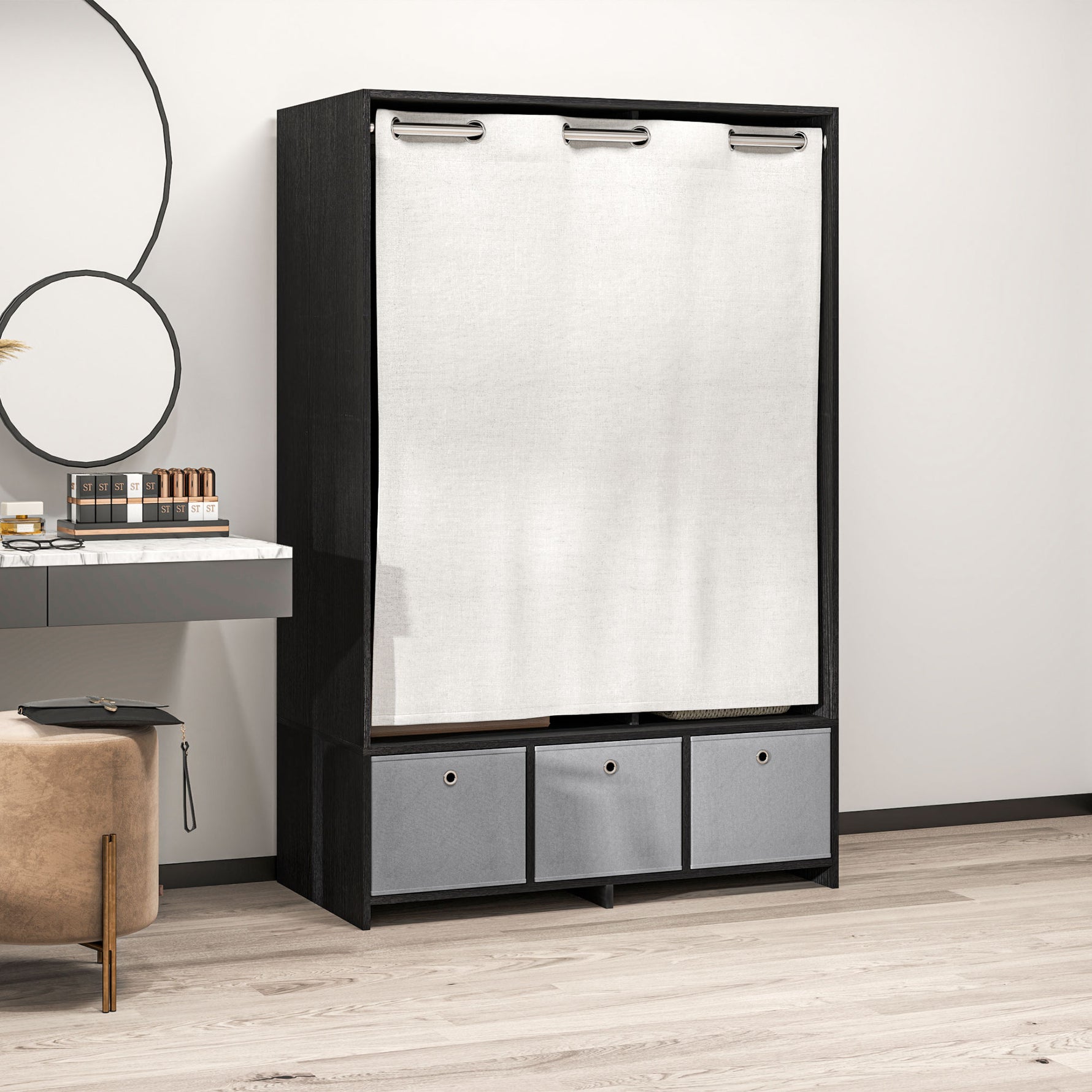 Armoire penderie armoire de rangement avec tringle rideaux 3 niches et 3 tiroirs en tissu amovibles 105 x 48 x 160 cm