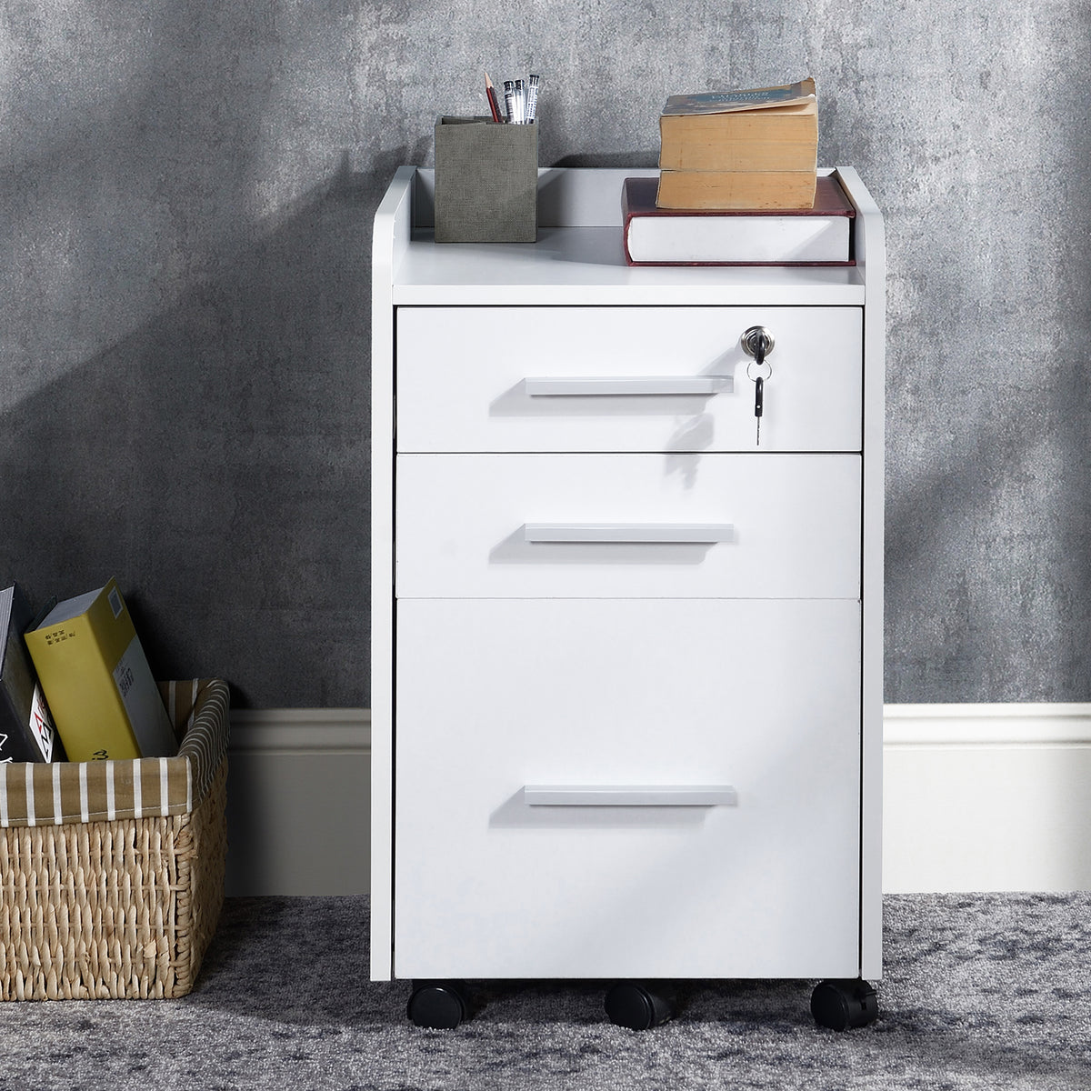 Caisson de bureau rangement bureau sur roulettes 3 tiroirs 1 verrouillable 1 trieur dossiers en bois blanc