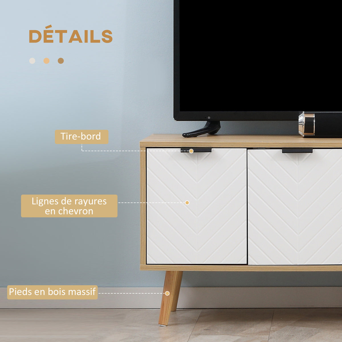 Meuble TV pour télévision jusqu'à 46 pouces design scandinave 2 portes 2 niches avec passe-câbles 110 x 39 x 48,8 cm