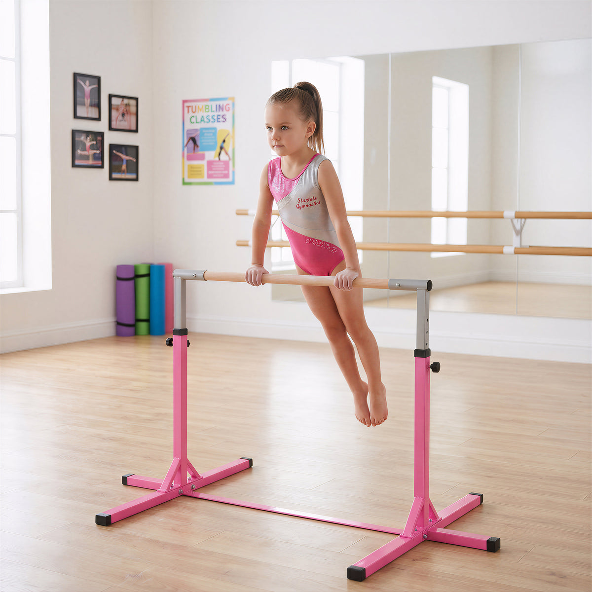 Barre Fixe de Gymnastique pour Enfant, Hauteur Réglable sur 13 Niveaux de 92-150 cm, en Acier et Bois de Hêtre, Barre de Gym d'Entraînement à Domicile, Antidérapant, Facile à Assembler, Rose